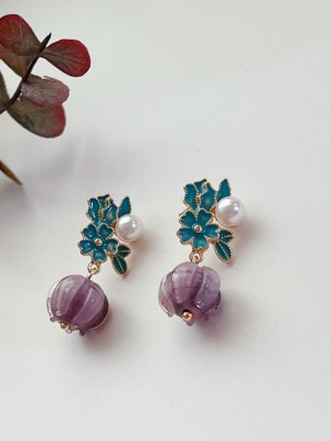 Purple White Glaze Flower Dangle Drop Earrings