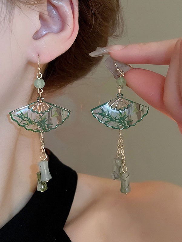Bamboo Print Sector Dangle Drop Earrings