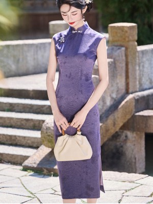 Purple Butterfly Sleeveless Cheongsam Qipao Dress