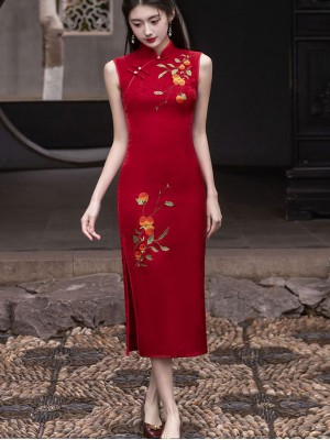 Red Embroidered Persimmon Wedding Cheongsam Qipao Dress