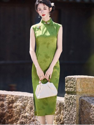 Green Yellow Butterfly Sleeveless Cheongsam Qipao Dress