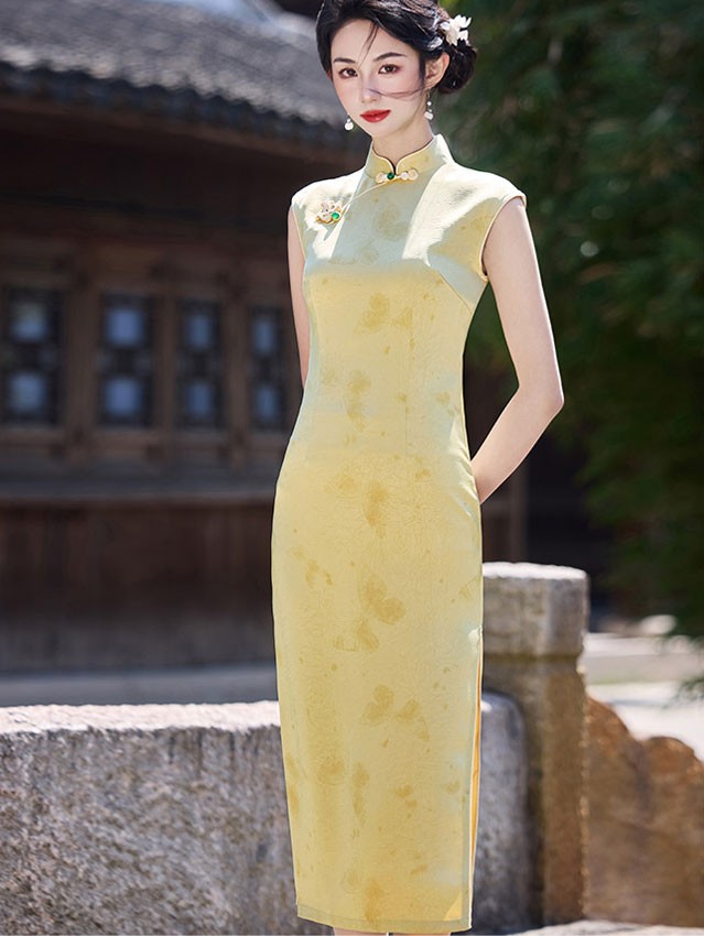 Green Yellow Butterfly Sleeveless Cheongsam Qipao Dress