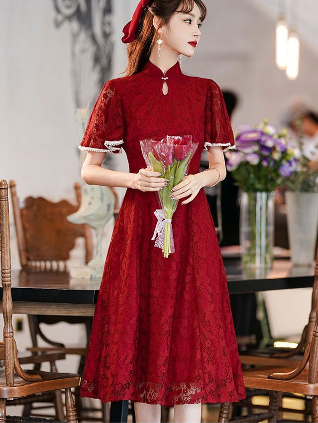 Burgundy Lace Flutter Sleeve A-line Cheongsam Qipao Dress
