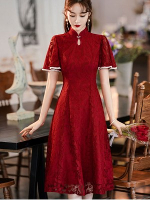 Burgundy Lace Flutter Sleeve A-line Cheongsam Qipao Dress