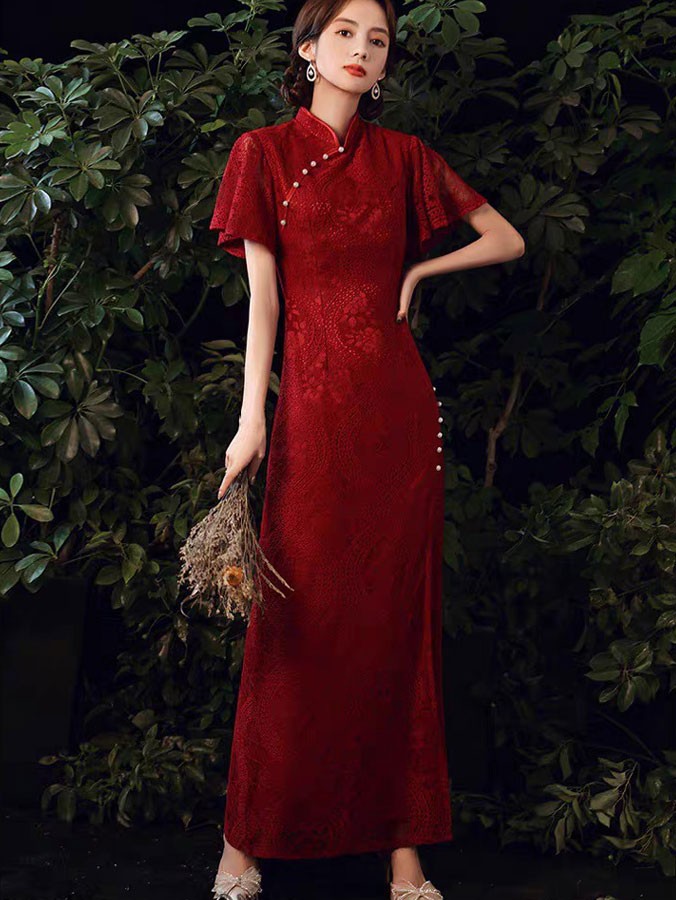 Burgundy Lace Flutter Sleeve Split Qipao Cheongsam Dress