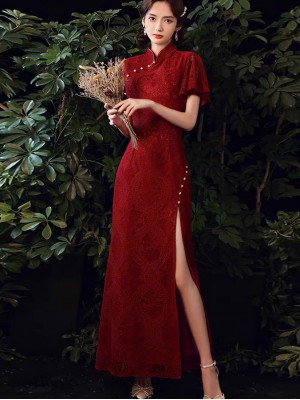 Burgundy Lace Flutter Sleeve Split Qipao Cheongsam Dress