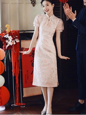Pink Floral Lace Midi Engagement Cheongsam Qipao Dress
