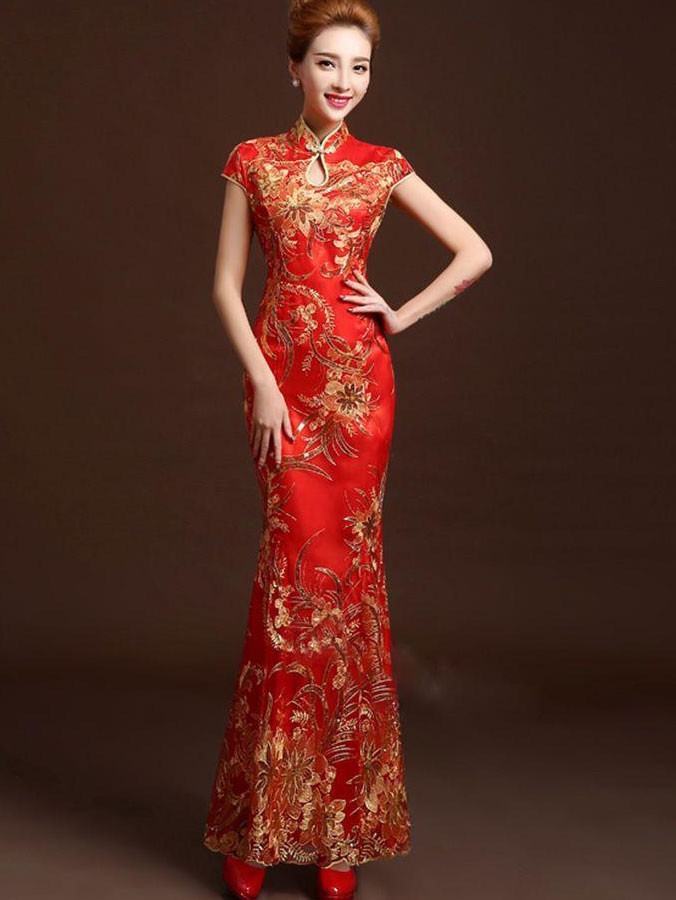 Red Sequined Fishtail Wedding Cheongsam Qipao Dress