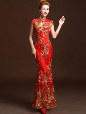 Red Sequined Fishtail Wedding Cheongsam Qipao Dress