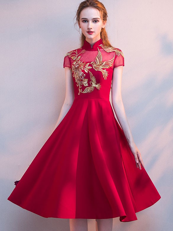 Burgundy A-line Midi Cheongsam Qipao Dress