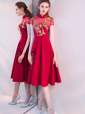 Burgundy A-line Midi Cheongsam Qipao Dress