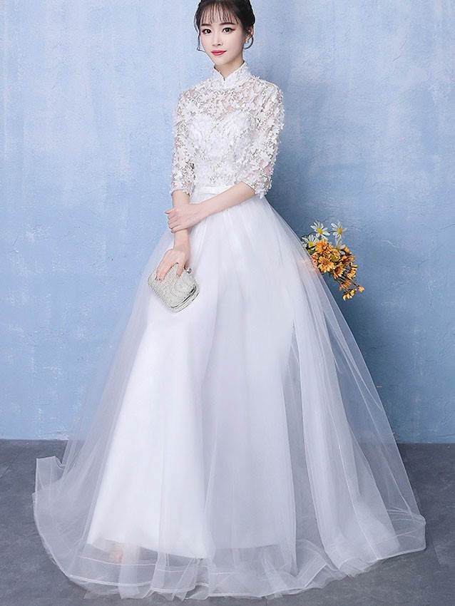 White Tulle Floor Length Wedding Qipao Cheongsam Dress