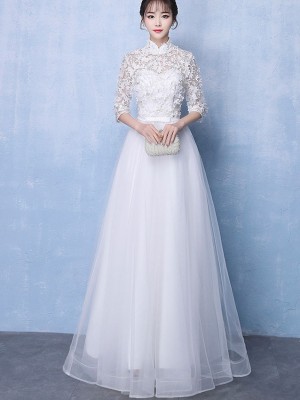 White Tulle Floor Length Wedding Qipao Cheongsam Dress