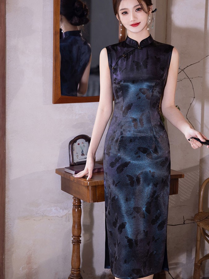 Blue Butterfly Sleeveless Cheongsam Qipao Dress
