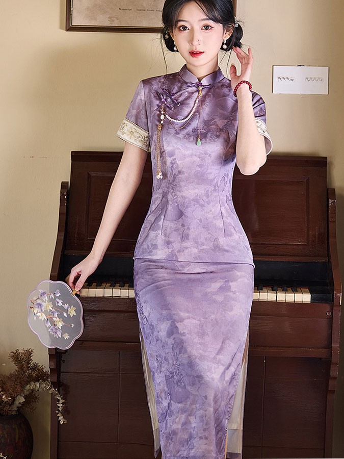 Purple Jacquard Floral Cheongsam Qipao Dress