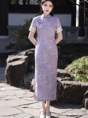 Purple Jacquard Floral Cheongsam Qipao Dress