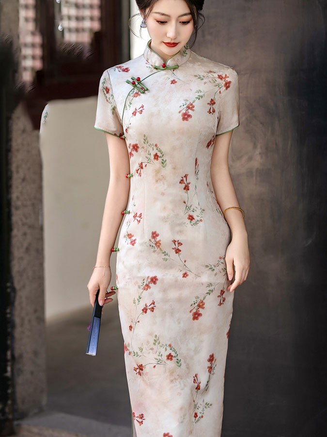 Pink Floral Cheongsam Qipao Dress
