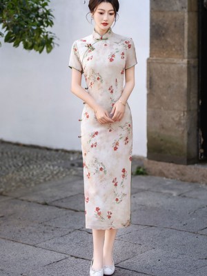 Pink Floral Print Cheongsam Qipao Dress
