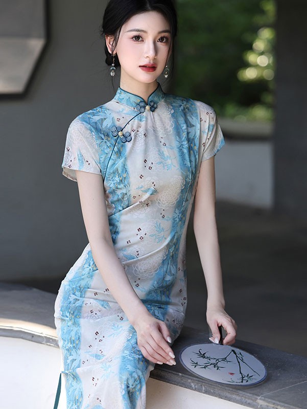 Blue Floral Tencel Linen Cheongsam Qipao Dress