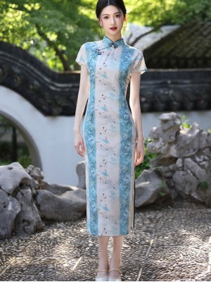 Blue Floral Tencel Linen Cheongsam Qipao Dress