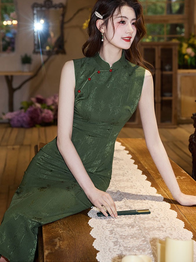 Forest Green Jacquard Cheongsam Qipao Dress