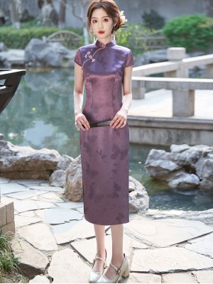 Purple Butterfly Print Cheongsam Qipao Dress