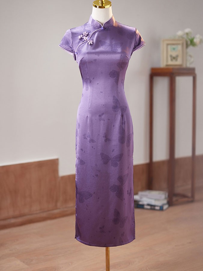 Purple Butterfly Print Cheongsam Qipao Dress