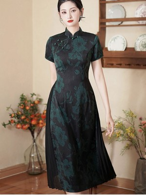 Green Red Mothers Floral A-Line Cheongsam Qipao Dress