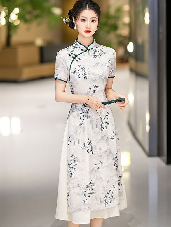 Green Gray Mothers Jacquard A-Line Cheongsam Qipao Dress