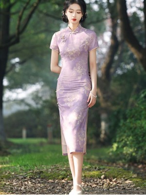 Purple Floral Midi Cheongsam Qipao Dress