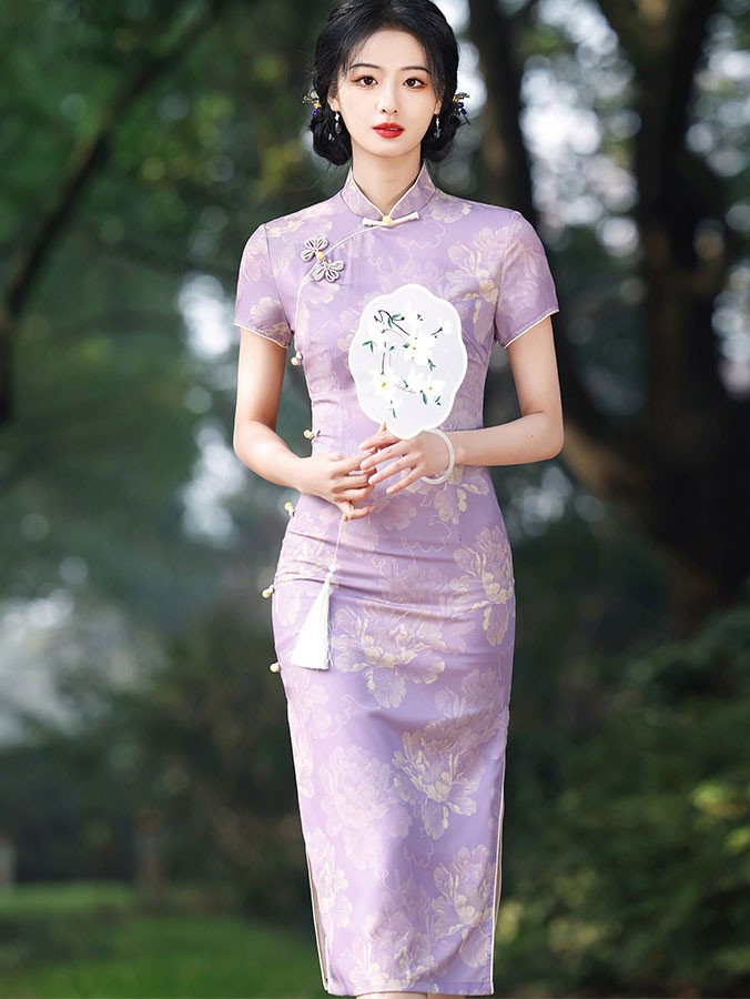 Purple Floral Midi Cheongsam Qipao Dress