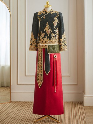 Color Block Sequins Appliques Men Wedding Qun Kwa Jacket & Skirt