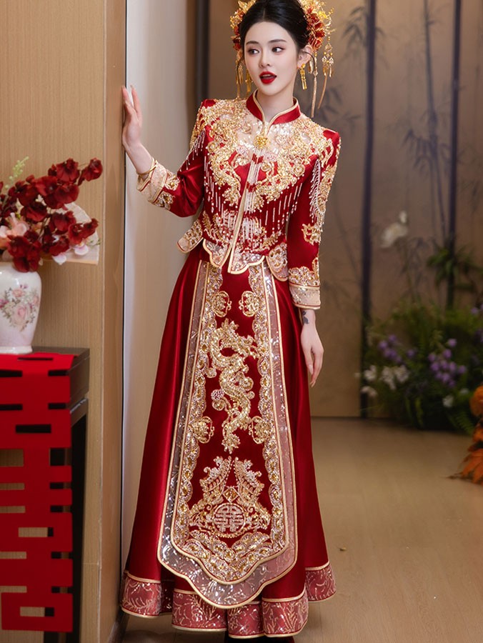 Red Sequins Dragon Wedding Bride Qun Kwa Xiuhe