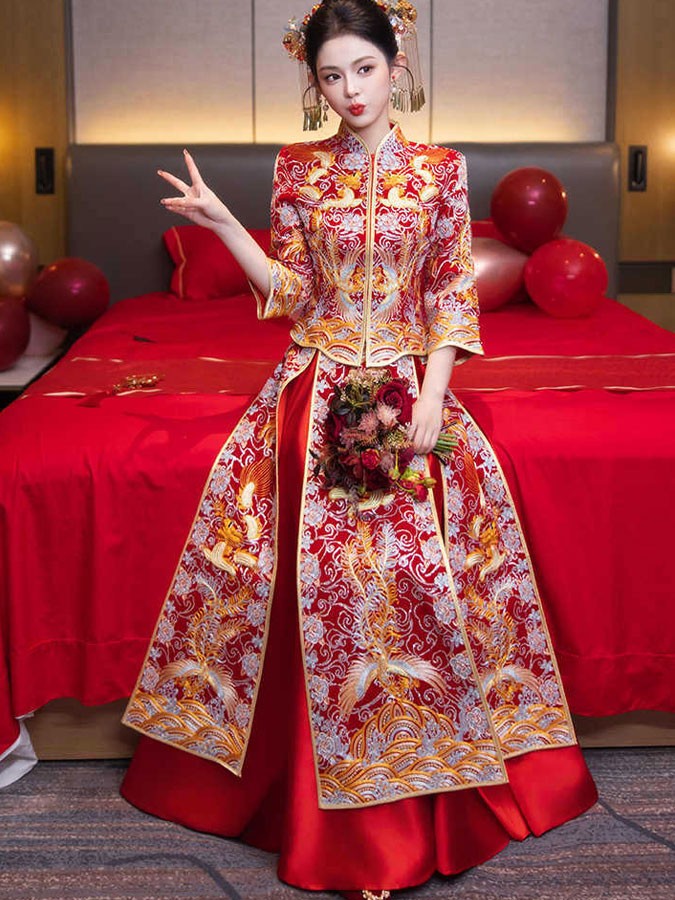 Sequins Embroidered Phoenix Wedding Bridal Qun Kwa Xiu He