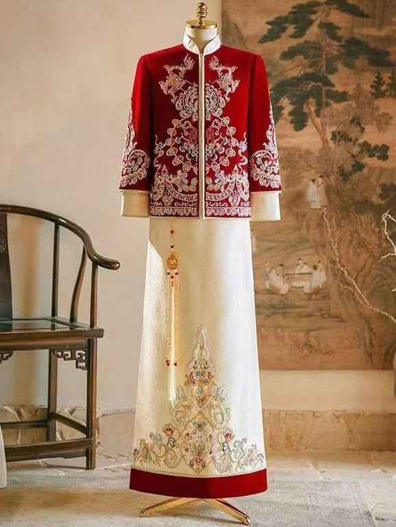 Color Block Sequins Appliques Men Wedding Qun Kwa Jacket & Skirt