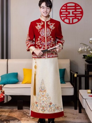 Beads Appliques Dragon Men Wedding Qun Kwa Jacket & Skirt