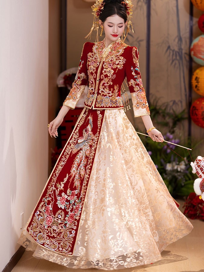 Coloblock Sequins Beads Phoenix Wedding Bridal Qun Kwa Xiuhe
