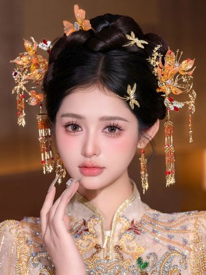 5 Pcs Bridal Orange Flower Butterfly Hairpins Clips & Earrings