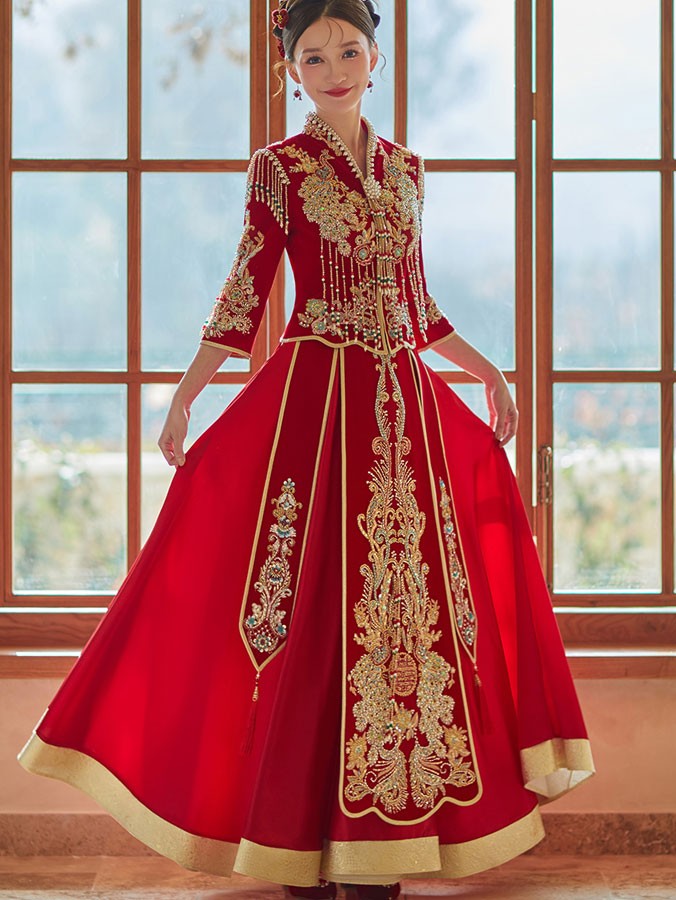 Beads Appliques Tassels V-Neck Bridal Qun Kwa Xiuhe