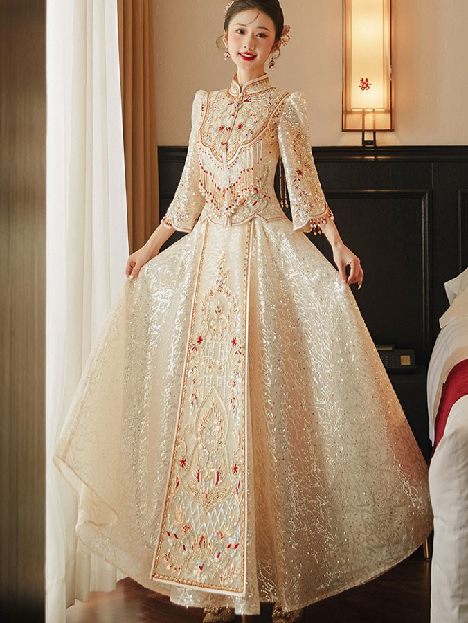 Champagne Sequins Beads Tassels Mesh Bride Qun Kwa