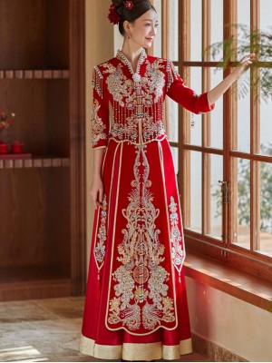 Red Beads Appliques Tassels V-Neck Bridal Qun Kwa Xiuhe