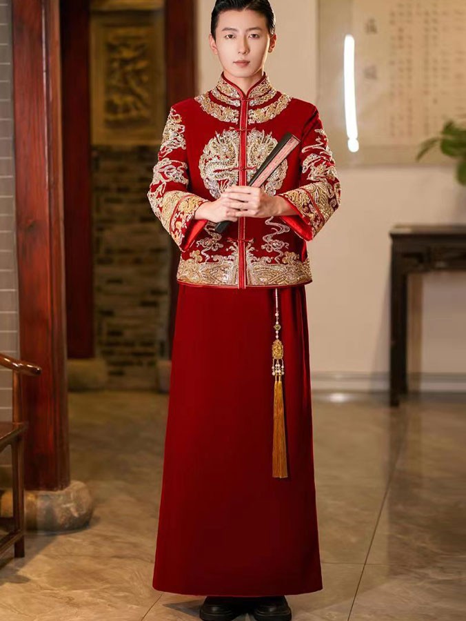 Sequins Appliques Velvet Man Wedding Qun Kwa Jacket & Skirt