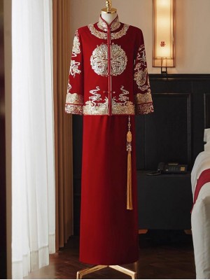 Sequins Appliques Velvet Man Wedding Qun Kwa Jacket & Skirt