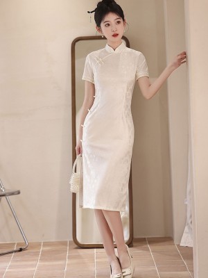 White Floral Midi Modern Cheongsam Qipao Dress