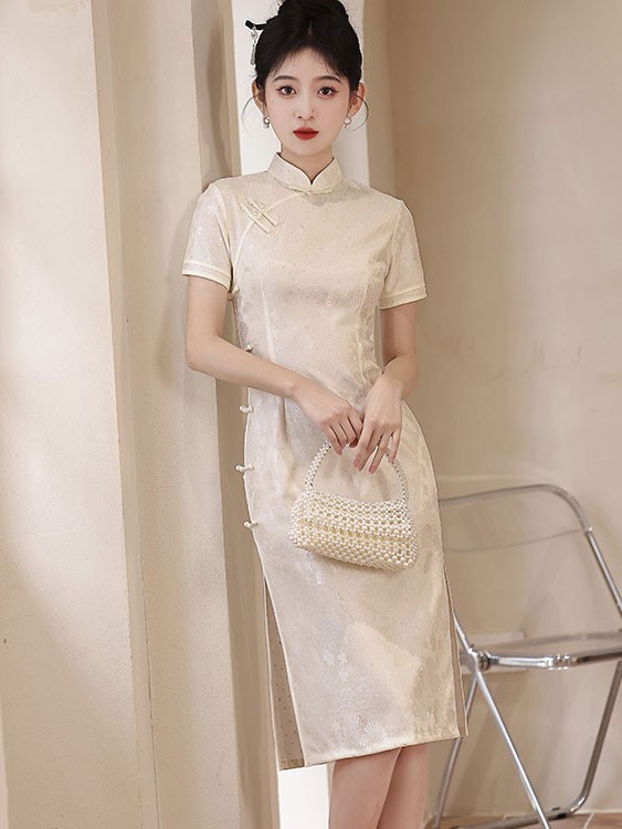 White Floral Midi Modern Cheongsam Qipao Dress