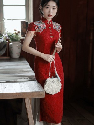 Red Lace Embroidered Floral Wedding Qipao Cheongsam Dress