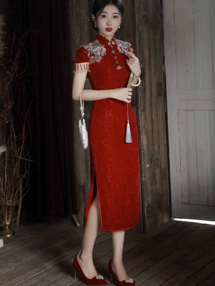 Red Lace Embroidered Floral Wedding Qipao Cheongsam Dress