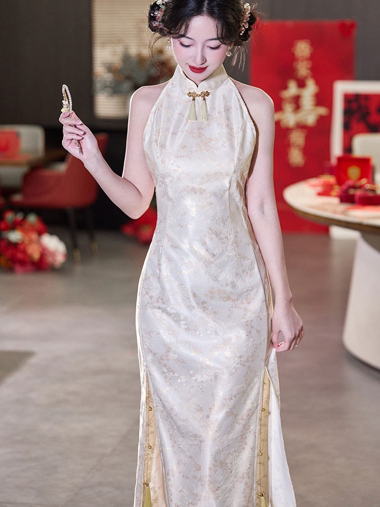 Jacquard Floral Halter Cheongsam Qipao Dress