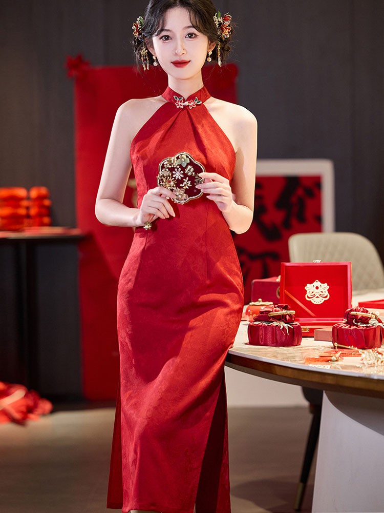 Red Jacquard Halter Midi Bridal Cheongsam Qipao Dress