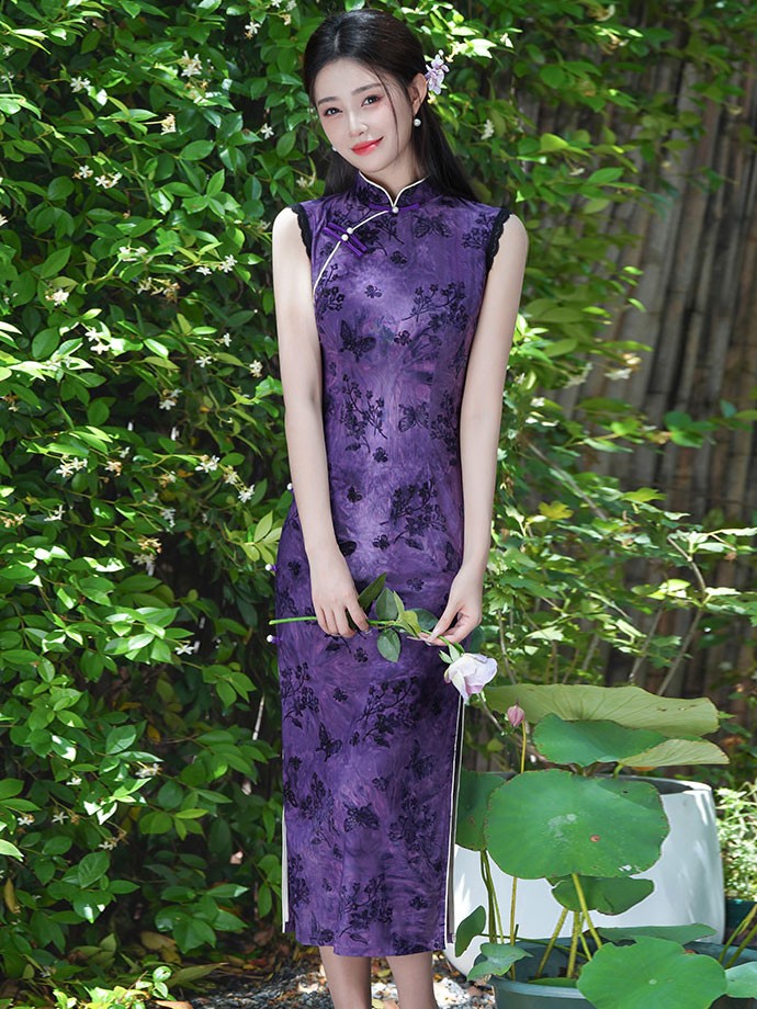 Purple Floral Print Qipao Cheongsam Dress